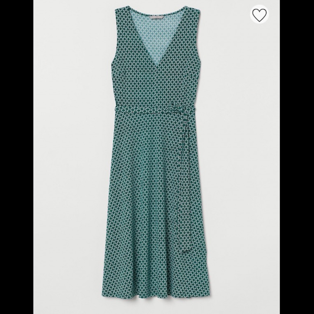 H&M Green and White Patterned Midi Wrap Dress XS NWT